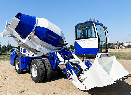 Self-loading concrete mixer truck